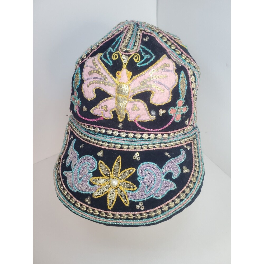 Vintage Womens Beaded Aplique Wide Brim Baseball Cap Hat Made In Burma Sz L